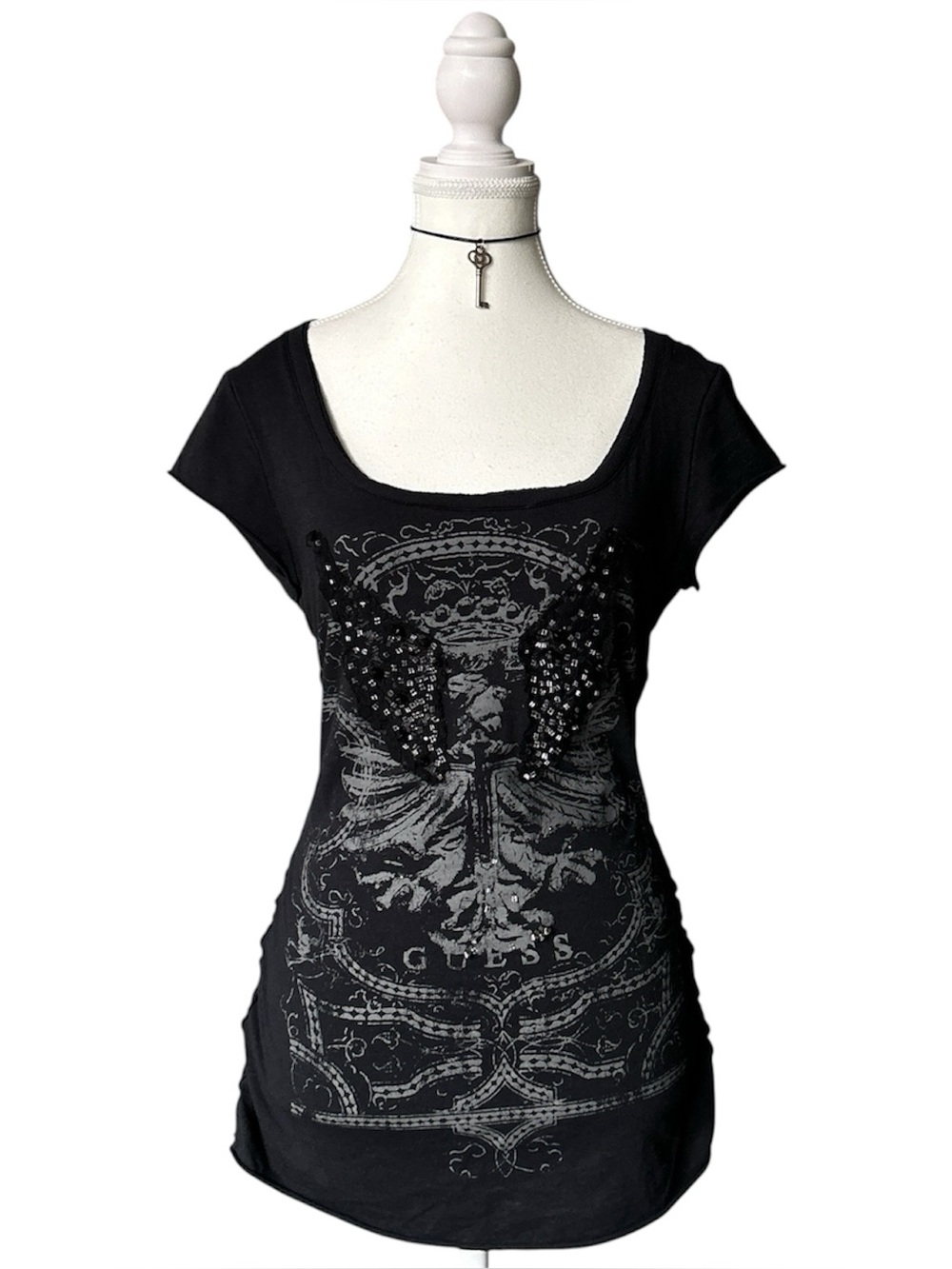 Y2K Grunge “GUESS” Black Angel Wings Graphic Beaded Short Sleeve Top